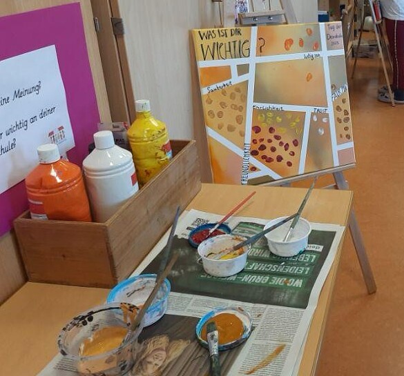 Das Bild zeigt eine bemalte Staffelei und Farben.